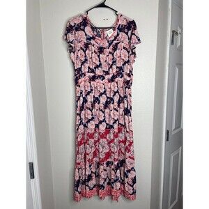 Knox Rose Floral Maxi Dress XL Navy Red Tiered Boho Short Sleeve Rayon